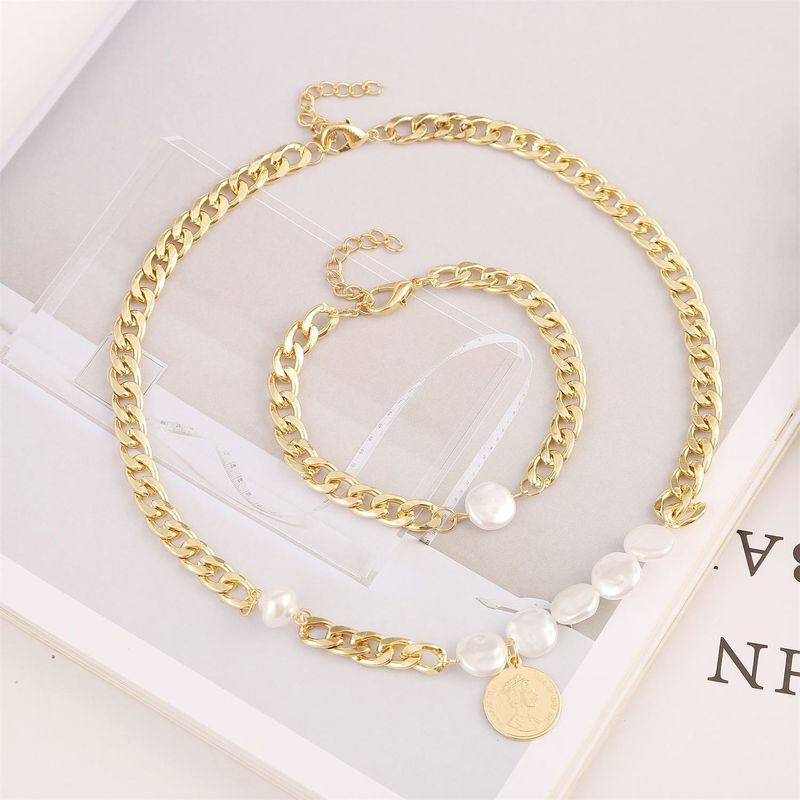 New Fashion Simple Chain Retro Pearl Coin Necklace Bracelet Set Wholesale