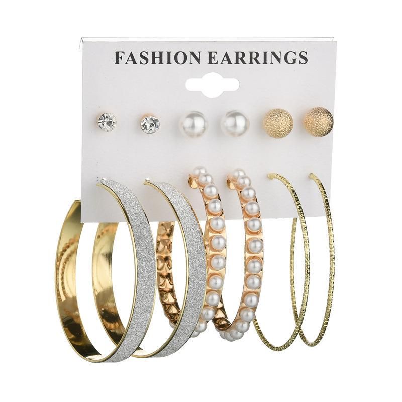 Hot Sale Neue Europäische Und Amerikanische Mode Übertriebene Perlen Große Kreis Ohrringe 6 Paar Platten Matt Diamant Ohrringe Set