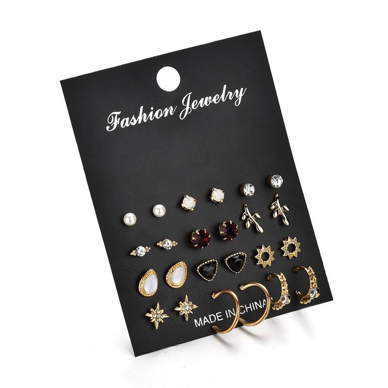 New Fashion 12 Pairs Of Earrings Simple Wild Rhinestone Pearl Geometric Earrings For Women Wholesale