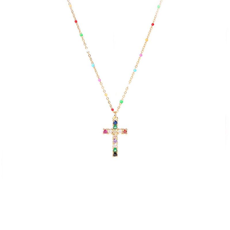 New Fashion Color Zircon Necklace Diamond Cross Necklace Dripping Stainless Steel Clavicle Necklace