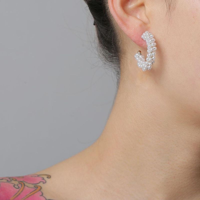 Fashion C Shape Inlaid Pearls Alloy Artificial Gemstones Earrings Ear Studs