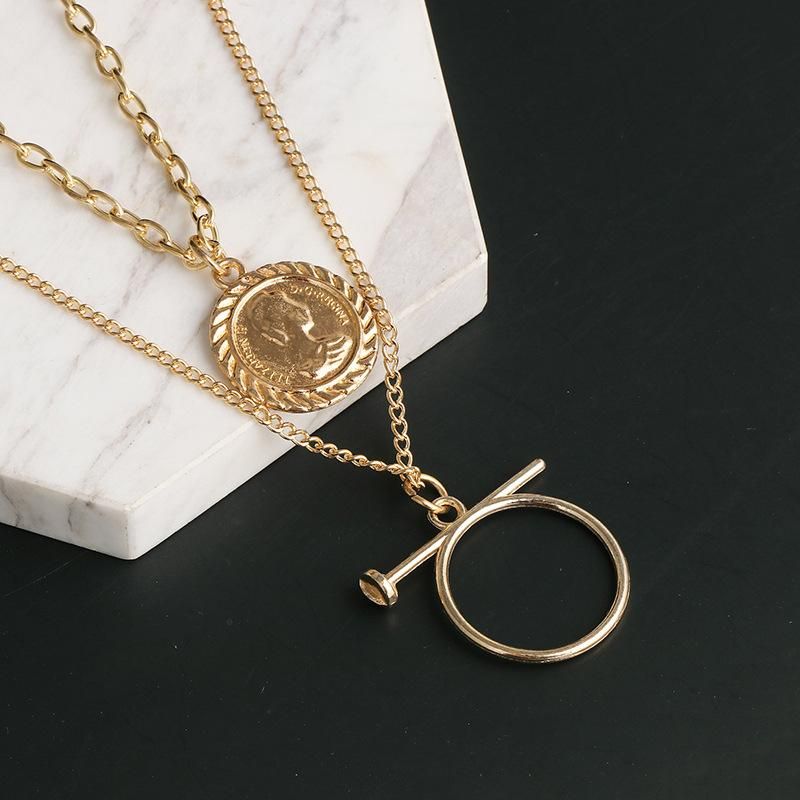 New Fashion Double-layer Retro Coin Necklace Abstract Relief Coin Portrait Multi-layer Sweater Chain Wholesale
