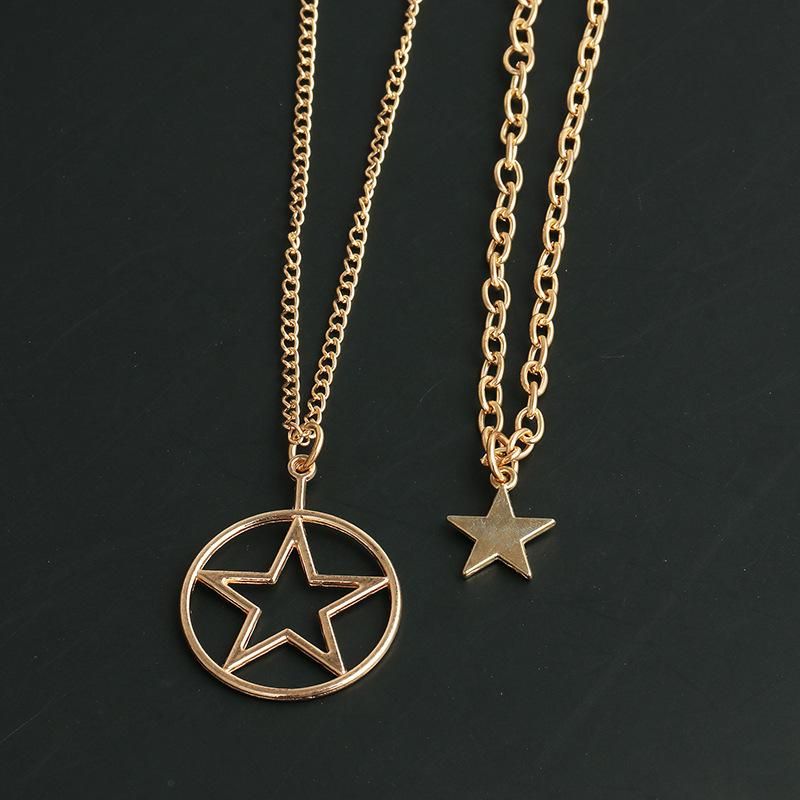 New Fashion Double-layer Retro Hollow Five-pointed Star Round Geometric Necklace Wholesale