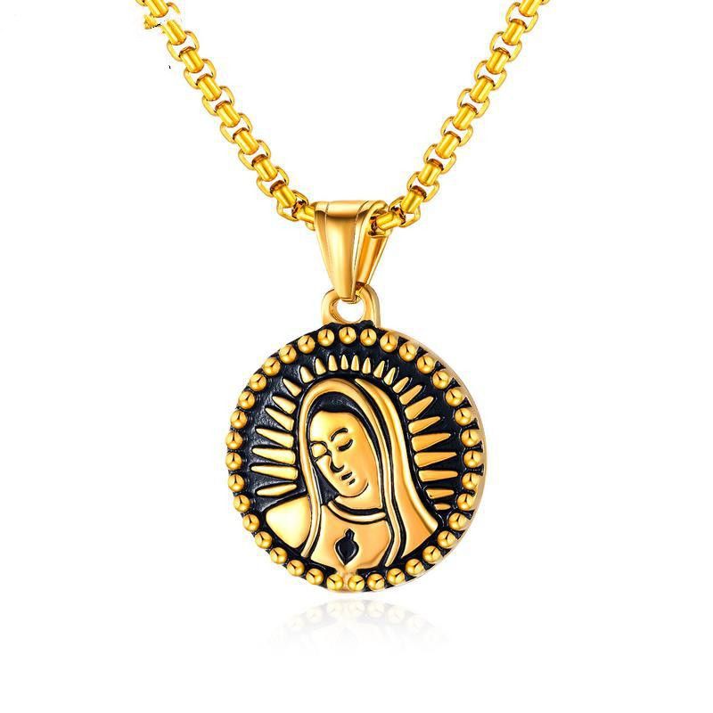 Hip Hop Small Round Pendant Virgin Mary Head Stainless Steel Necklace Wholesale