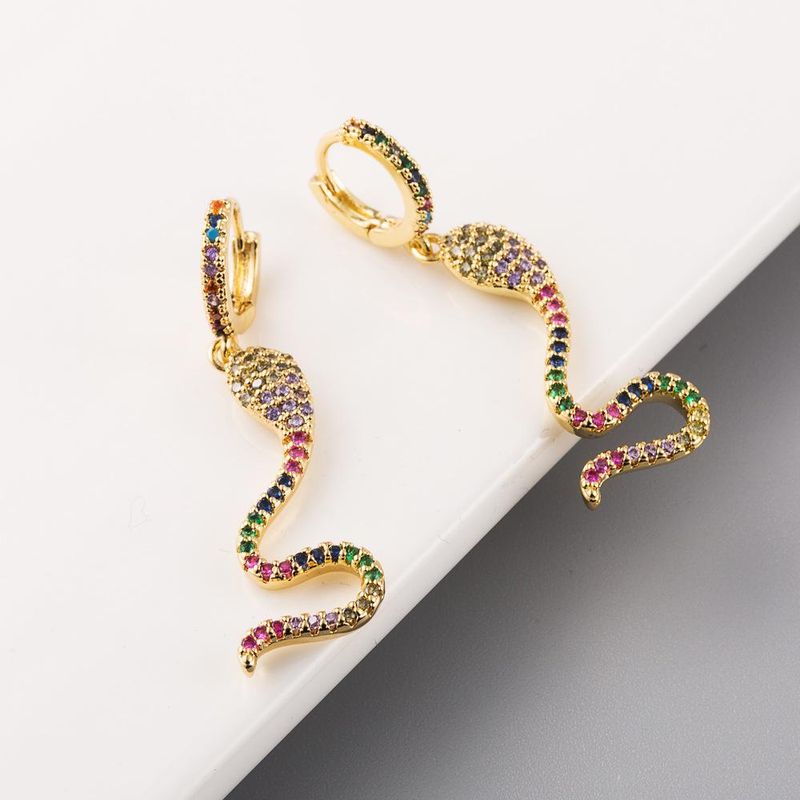 New Fashion Snake-shaped Earrings Inlaid With Colored Zircon Copper Plated 18k Gold Long Earrings