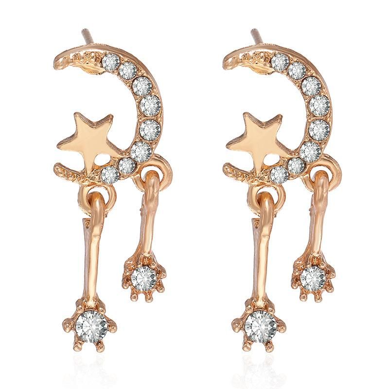 Pendientes Sencillos De Metal Con Forma De Estrella Y Luna Con Diamantes Y Pendientes De Borla Brillante