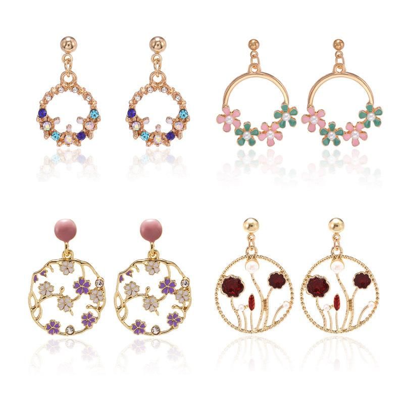 Coréen Simple Capricieux Coloré Frais Fleurs Boucles D'oreilles Cercle Géométrie Zircon Oreille Goujons Français Frosty Style Boucles D'oreilles