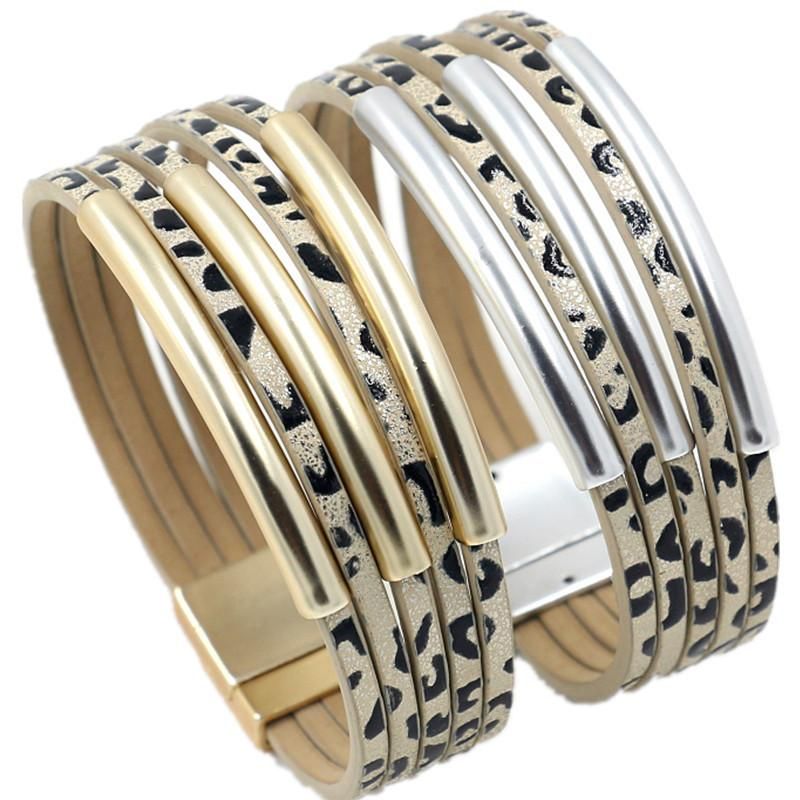 Korean New Fashion Jewelry Frosted Gold Elbow Multi-layer Pu Leopard Point Bracelet Female Leather Bracelet Wholesale