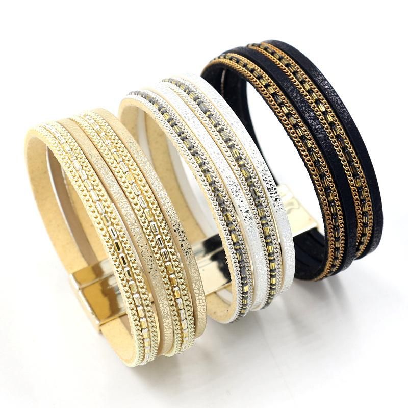 Japonais Et Coréen Multi-élément En Cuir Bracelet De Femmes Nouveau Mode Chaîne Magnétique Snap Multi-couche Bracelet 3 Couleurs En Gros
