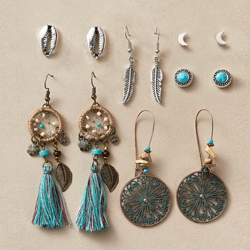 New Fashion Dream Catcher Shell Feather Earrings Set 6 Pairs Of Retro Ethnic Style Earrings Set Wholesale