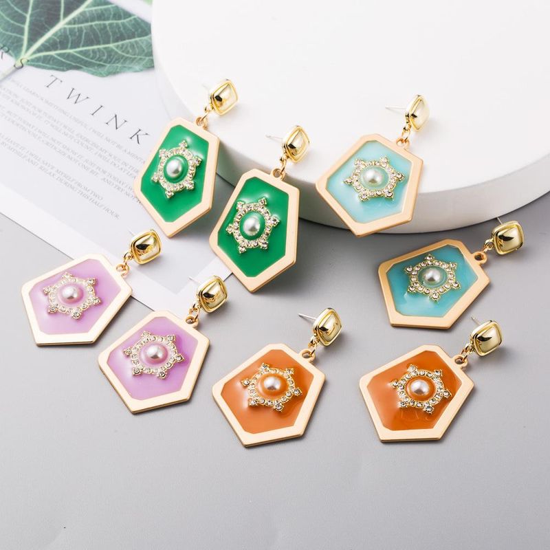 New Fashion Geometric Diamond-set Pearl Earrings Retro Alloy Dripping Earrings