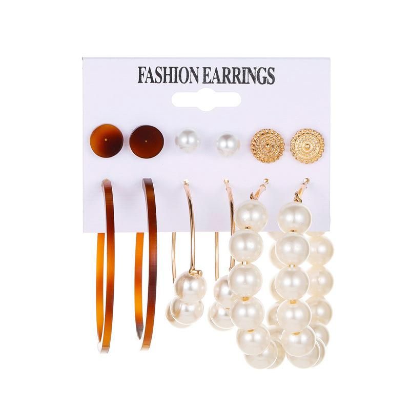 Set Pearl Earrings Leopard Pattern C-shaped Acetate Plate Earrings Simple 6 Pairs Of Exaggerated Earrings Female