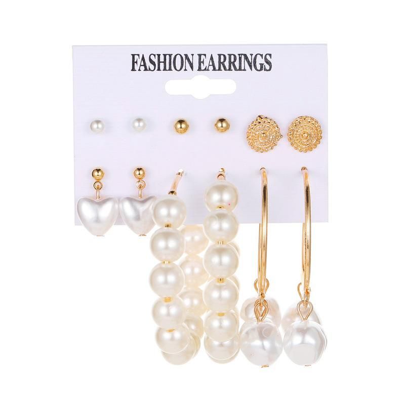 New Fashion Simple Suit Earrings Pearl Love Big Circle Earrings 6 Pairs Of Earrings