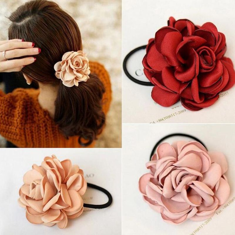 Coréen Nouvelle Mode Tous-en Tissu Assortis Cheveux Accessoires Artificielle Fleur En Caoutchouc Bande Camélia Rose Cheveux Anneau Coiffe Femmes