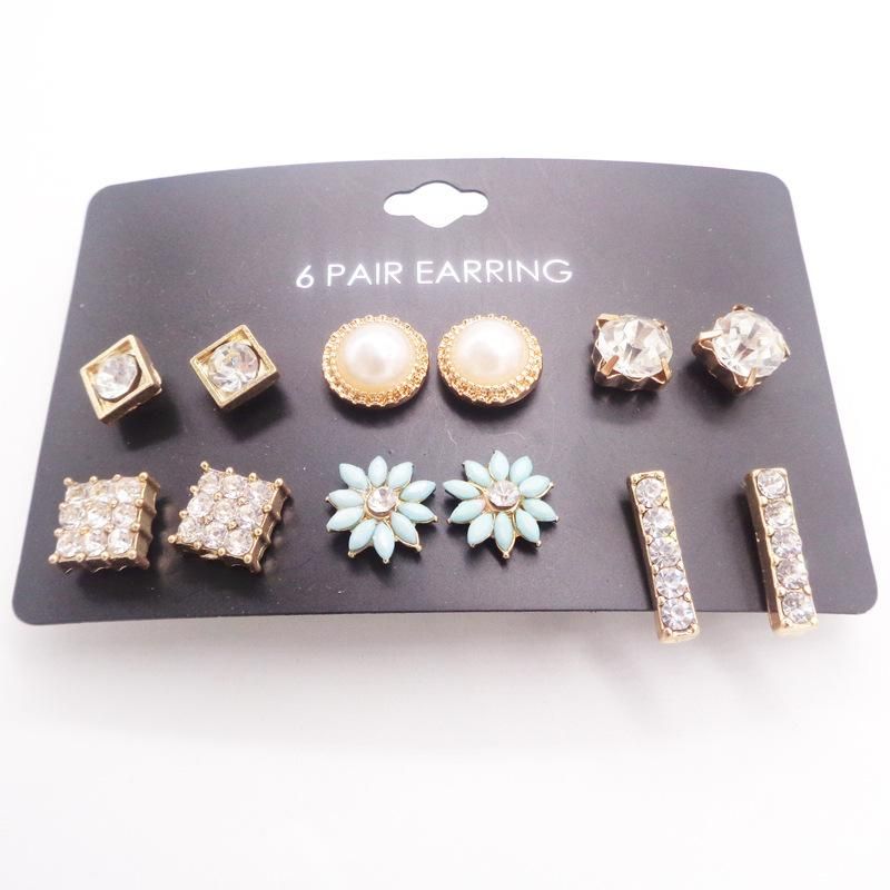 New Fashion Set With Rhinestone Flowers And Pearl Earrings 6 Pieces Set Wholesale