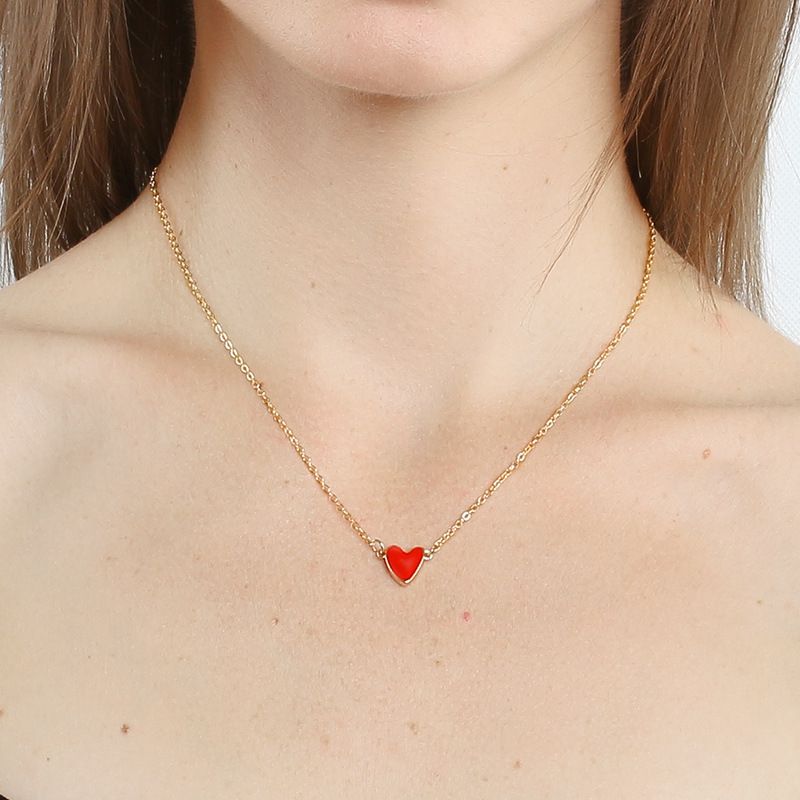 Hot Sale Red Love Necklace Drop Oil Double Peach Heart Necklace Clavicle Chain Heart Necklace Wholesale