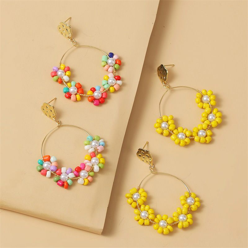 Korean Flowers Handmade Beads Earrings Female  Geometric Woven Acrylic Earrings Jewelry Nihaojewelry Wholesale