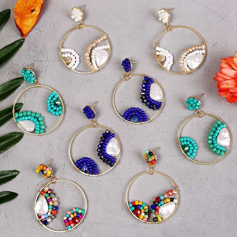 Bohemian Geometric Round Pearl Rice Bead Earrings  Creative Personality Handmade Resin Earrings Nihaojewelry Wholesale