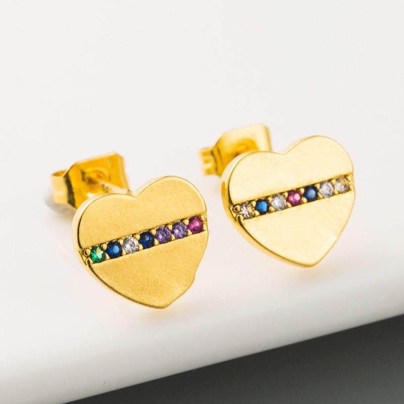 Women's  Gold Heart-shaped Earrings Brass Micro-set Color Zircon Earrings Exquisite Fashion Earrings Wholesale
