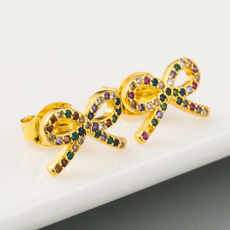 Bowknot Earrings Ladies Korean Sweet And Cute Wild Earrings Brass Micro-set Color Zircon Plated Real Gold Earrings Wholesale