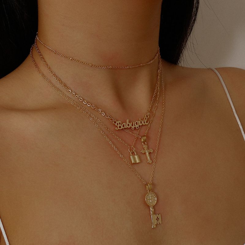 Fashion Jewelry Retro Lock-shaped Jesus Multi-layer Necklace Temperament Relief Letter Creative Key Necklace