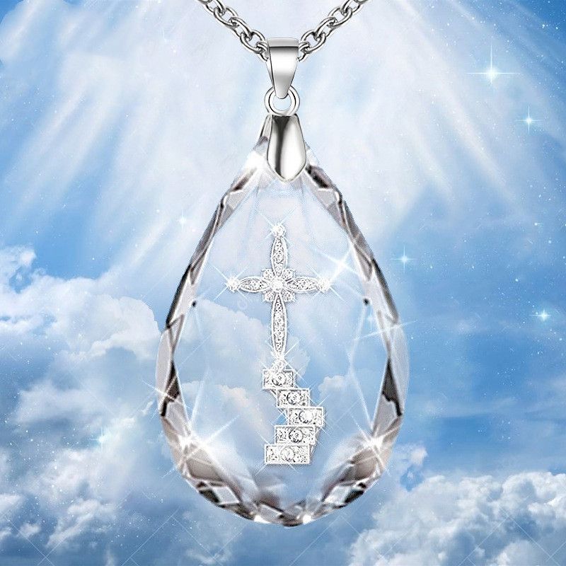 Explosion Of Crystal Cross Necklace Original Temperament Water Drop Pendant Necklace Men And Women Neck Chain Christian Accessories
