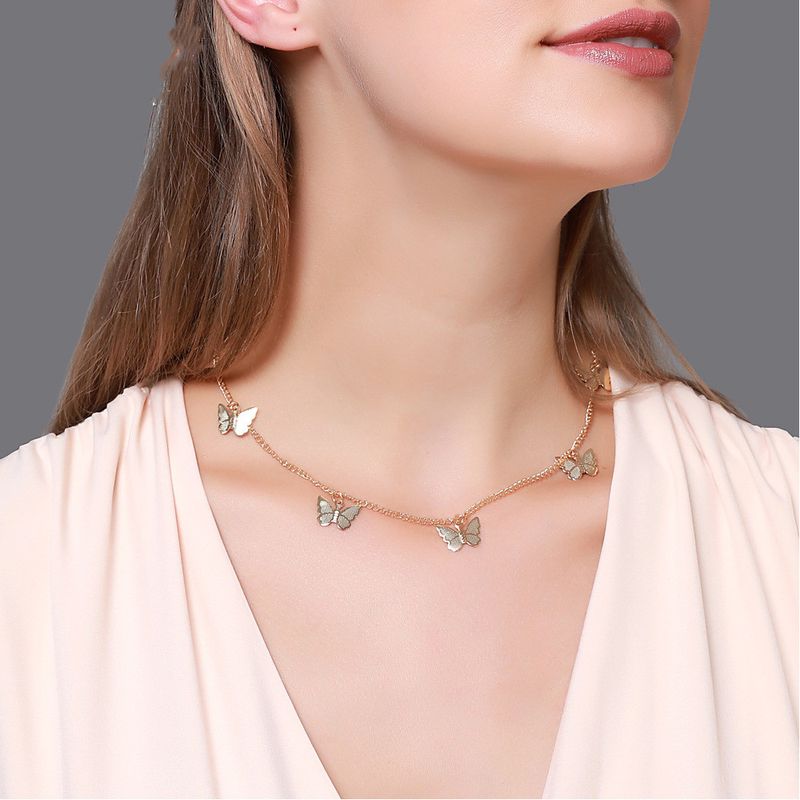 Hot Sale Jewelry Fashion Temperament Short Five Butterfly Necklace Simple Sweet Single-layer Ladies Clavicle Chain