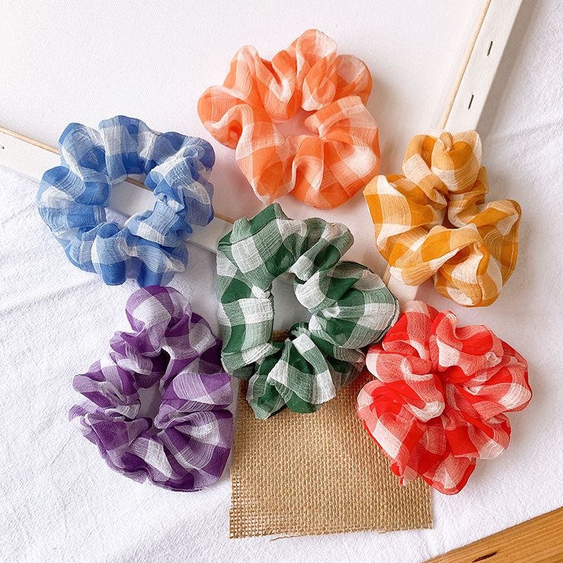 Korean College Style Sub Hair Rope Simple Wild Chiffon Hair Ring Head Rope Check Rubber Band Ring Hair Accessories Wholesale