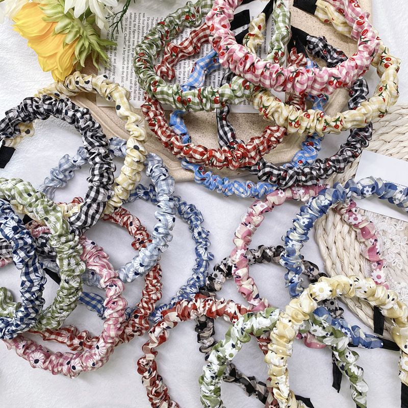 Korean Fashion Plaid Fold Headband Wave Color Cute Little Daisy Flower Thin Edge Headband Head Buckle Hair Hole Headdress