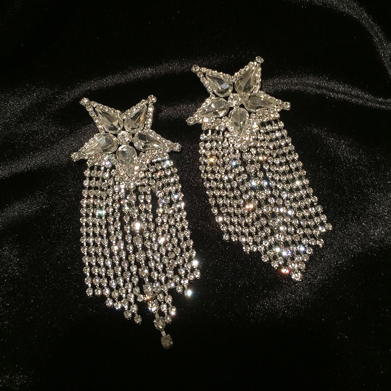 Star Tassel Earrings Long Super Fairy Full Diamond Exaggerated Super Flash Five-pointed Star Earrings Wholesale