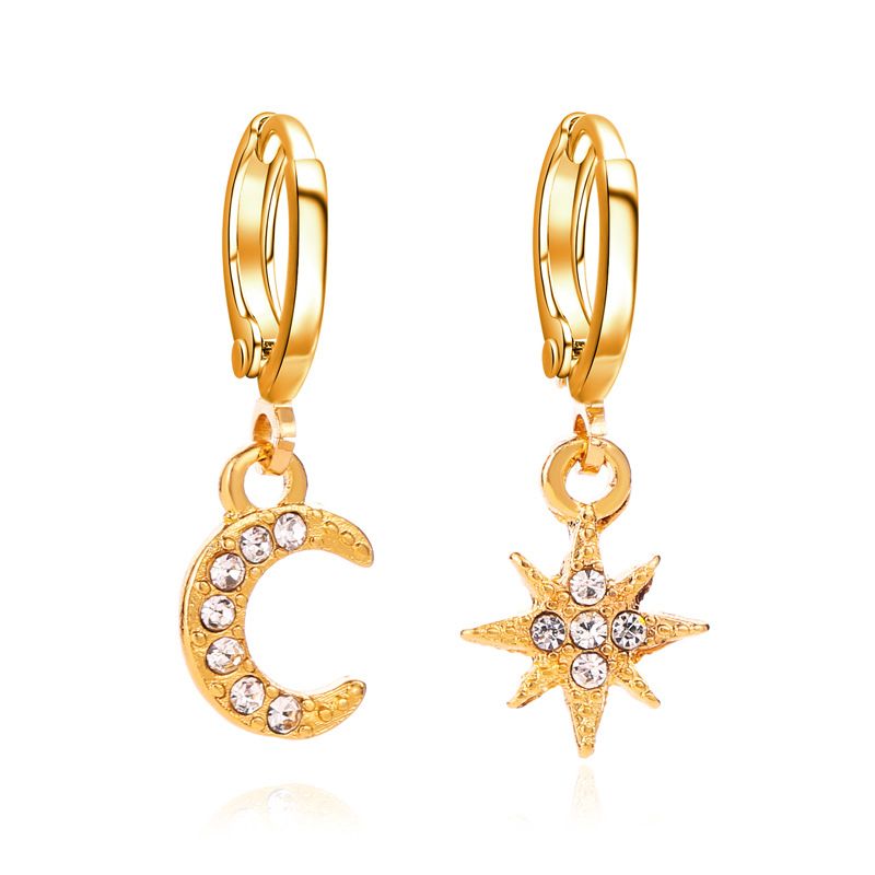 New Style Earrings Asymmetry Stars Moon Earrings Fashion Diamond-set Earrings Copper Women's Earring