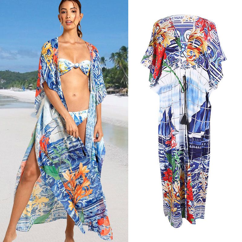 Summer Fashion  Sailing Printing Rayon Cardigan Loose Sunscreen Clothing Beach Jacket Bikini Swimsuit Smock  Nihaojewelry Wholesale