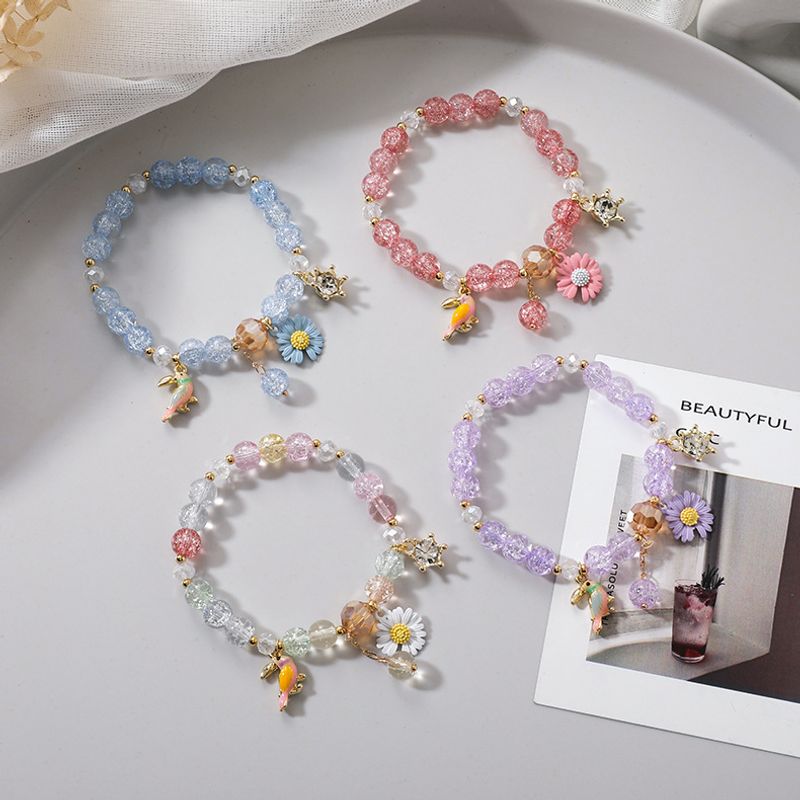 Summer Sweet Mori Style Daisy Flowers Birds Popcorn Crystal Bracelet Ladies Girls Gift Single Circle Bracelet Jewelry