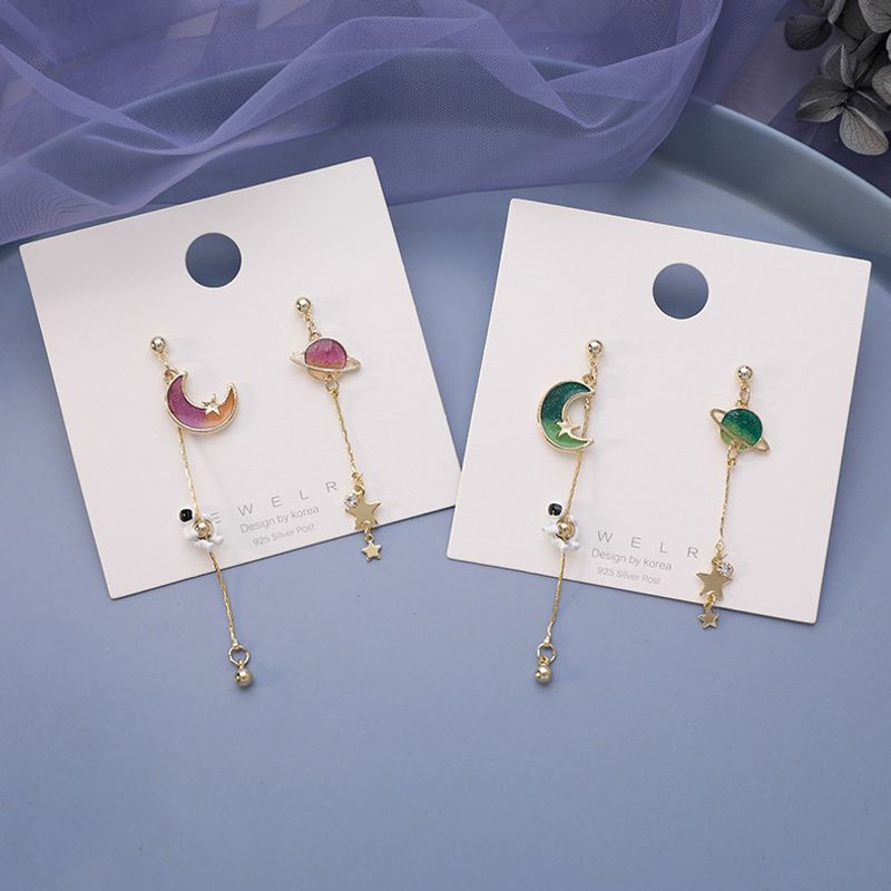 Korean 925 Silver Needle Cute Planet Astronaut Asymmetric Earrings Nihaojewelry Wholesale Stars Moon Sweet Tassel Earrings