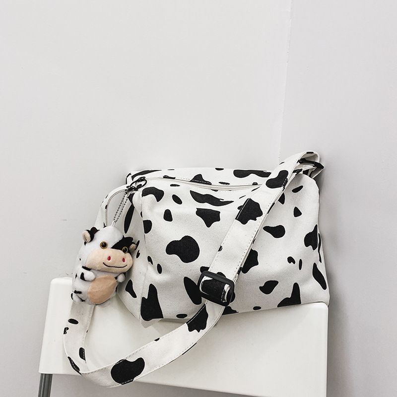 Korean New Simple Lazy Style Cute Cow Polka Dot Student Canvas Bag Class Bag Wild Messenger Bag Wholesale