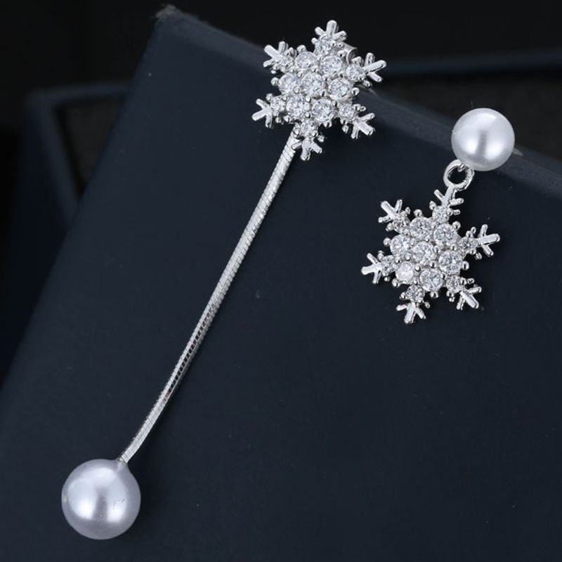Fashion Simple Zirconium Pearl Snowflake Symmetric Temperament Earrings Wholesale Nihaojewelry