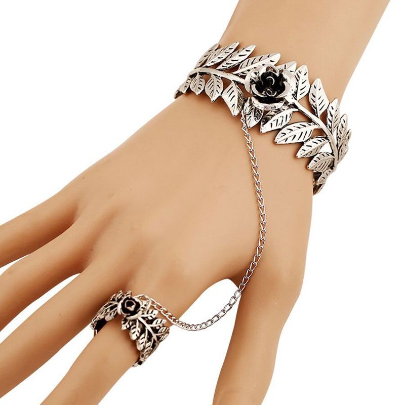 Fashion Retro Simple Rose Flower Leaf Open Chain Ring Bracelet Wholesale Nihaojewelry