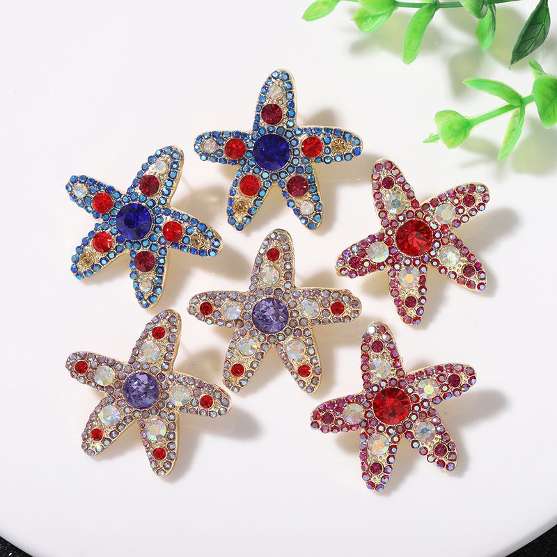 Personalized Fashion Starfish Color Diamond Wild Earrings Super Flash Five-pointed Star Shape Cute Japanese And Korean Temperament Earrings Wholesale