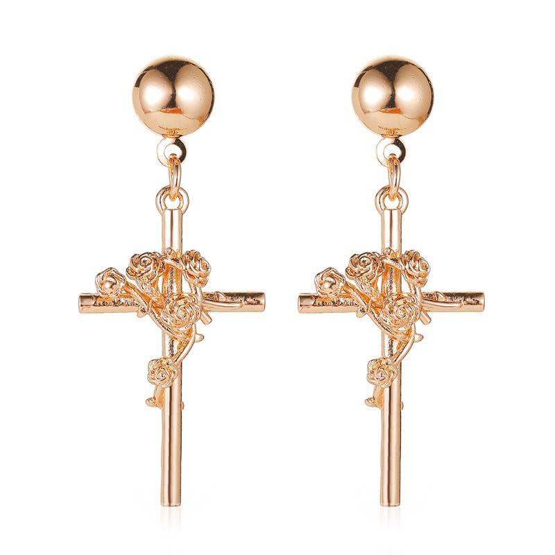 New Earrings  Temperament Three-dimensional Relief Rose Earrings Retro Elegant Cross Earrings Wholesale Nihaojewelry