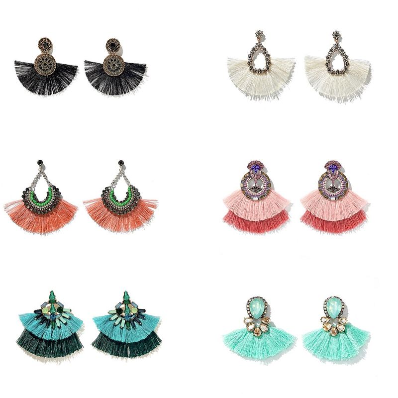 New Earrings Colorful Rhinestone Gems Wild Bohemian Fan-shaped Tassel Earrings Wholesale Nihaojewelry