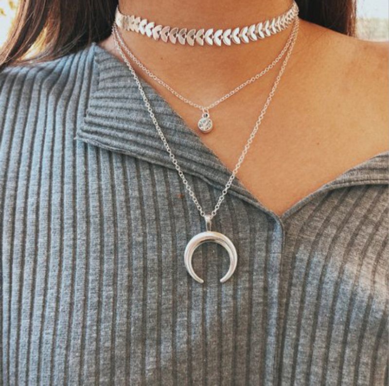 Personality Fashion Accessories Horns Moon Fish Bone Diamond Necklace Boho Multi-layer Necklace Wholesale Nihaojewelry