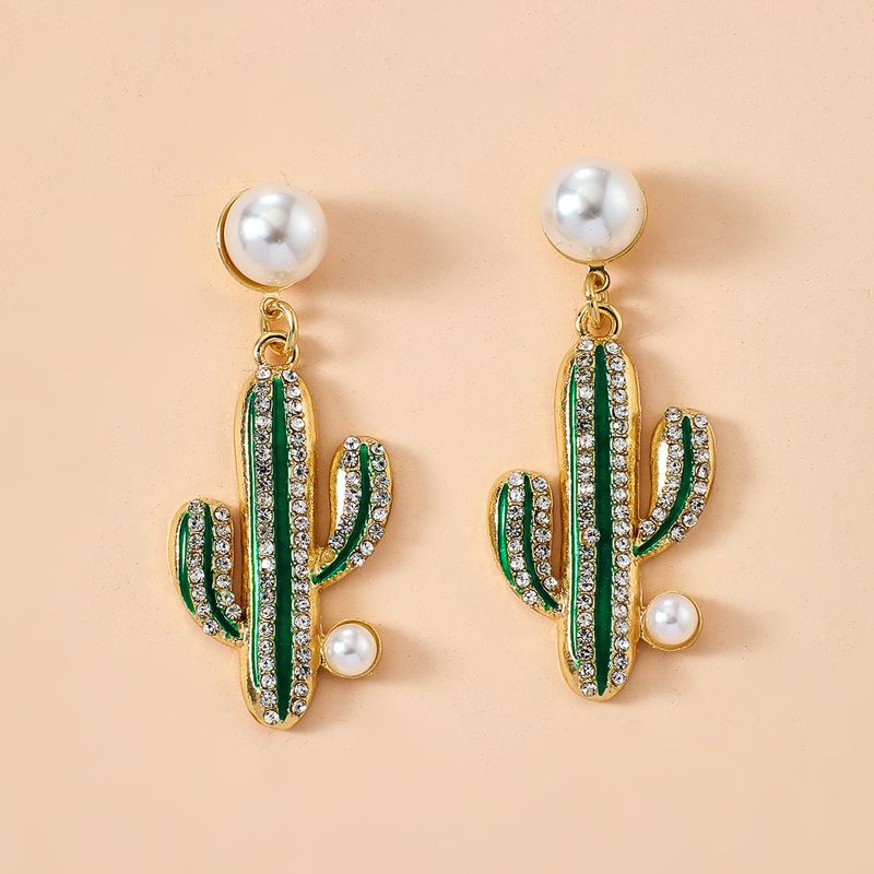 Fashion Personality Creative Alloy Diamond Inlaid Pearl Cactus Earrings Girl Heart Korean Earrings Wholesale Nihaojewelry