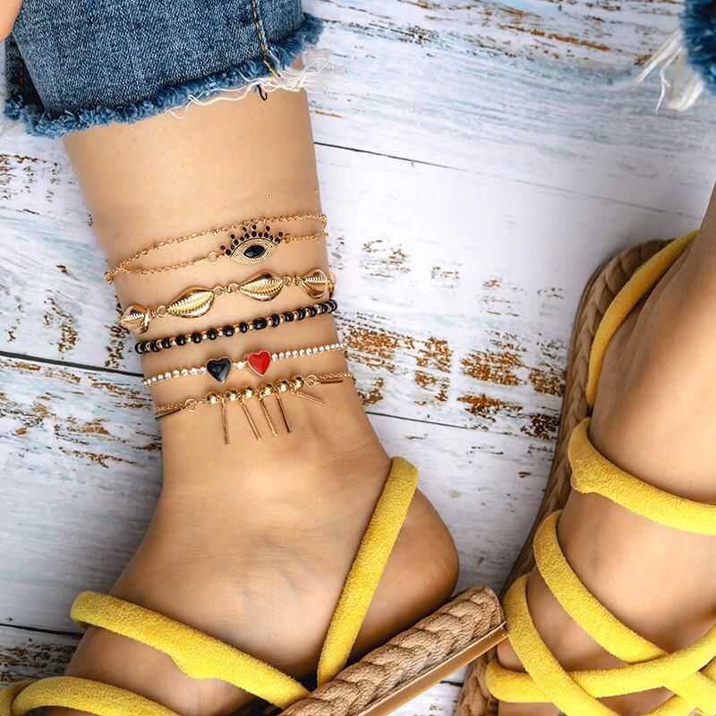 New Jewelry Popular Alloy Shell Anklet Simple Love Eyes Mizhu Anklet 5-piece Set Wholesale Nihaojewelry