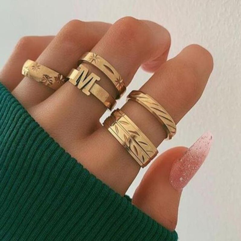 Fashion Jewelry Simple Creative Personality Temperament Flower Leaf Letter M Ring 5 Piece Set Wholesale Nihaojewelry