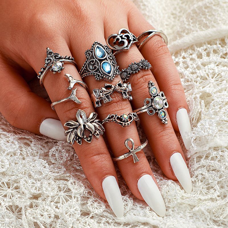 New Ring Personality Simple Lotus Fishtail Elephant Sunflower Gemstone Ring 11 Piece Set Wholesale Nihaojewelry