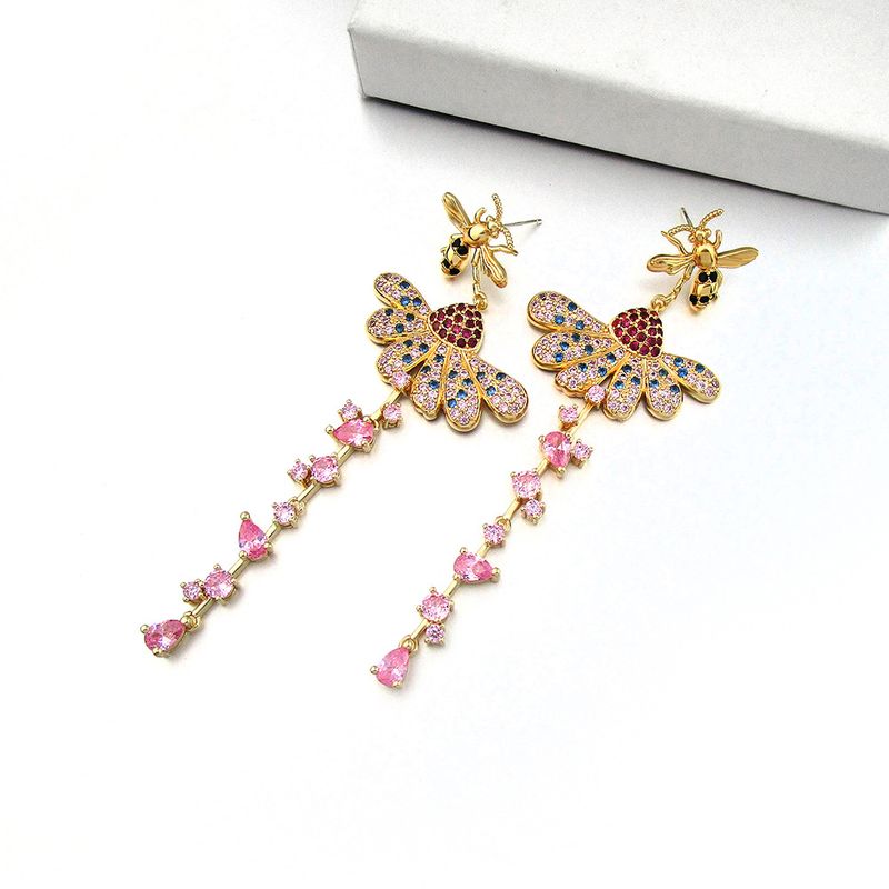 New Fashion Copper Inlaid Zircon Earrings 925 Silver Needle Hypoallergenic Earrings Bees And Flower Earrings Wholesale Nihaojewelry