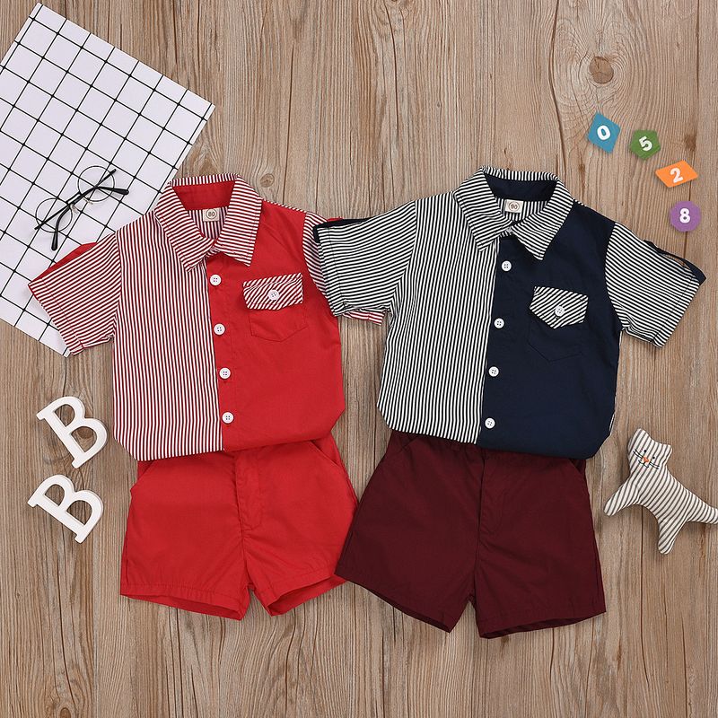 Short-sleeved Single-breasted Shirt Shorts Striped Color Matching Gentleman Suit Spot Two-color Optional Wholesale Nihaojewelry