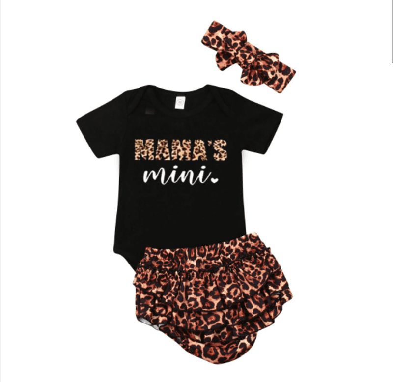 Style Letter Printed Black T-shirt Top Leopard Print Shorts Turban Boy Three-piece Suit Wholesale Nihaojewelry