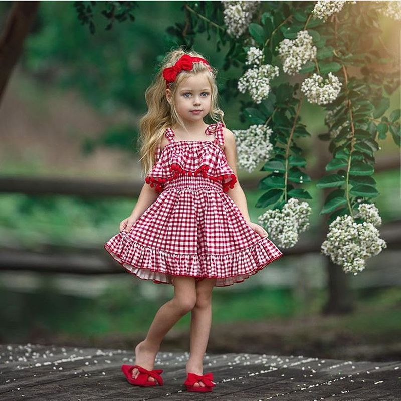 Girls' Dresses Summer New Style Lace Red Plaid Sling Princess Dress Children's Clothes Wholesale Nihaojewelry