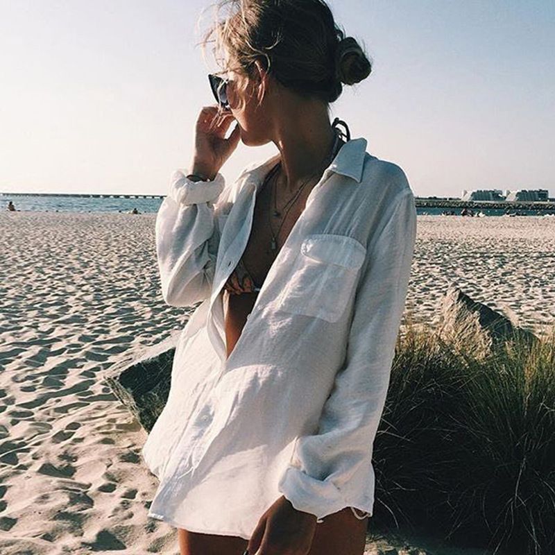 New Crepe Shirt Style Beach Jacket Vacation Sun Protection Clothing Bikini Blouse Women's Swimsuit Outer Wear Cardigan